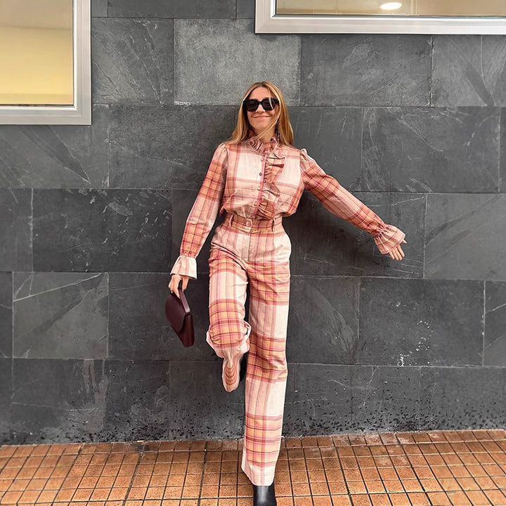 Damen Karomuster Jumpsuit mit Gürtel und Rüschen Drune