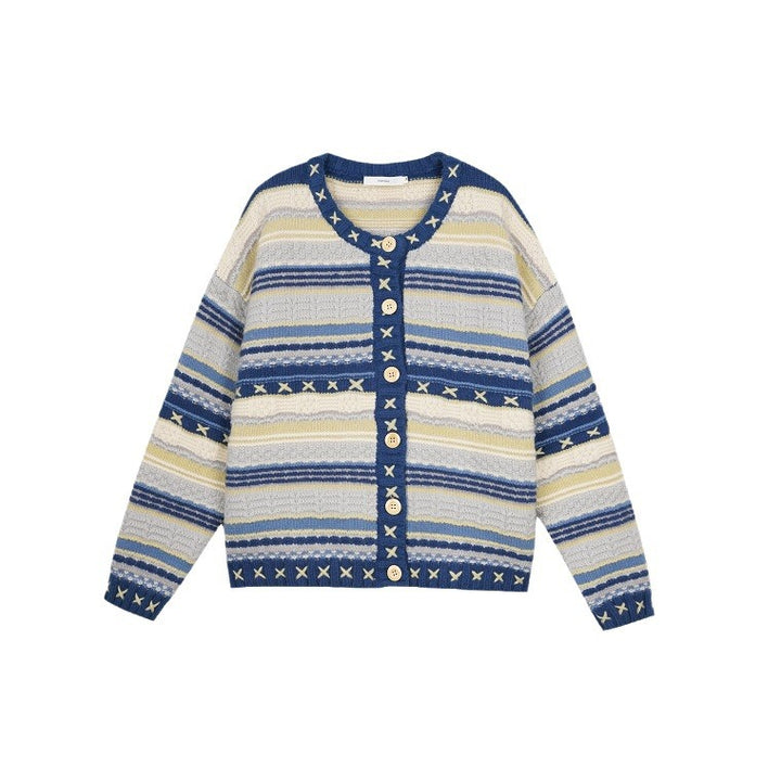 Damen Strickjacke mit buntem Streifenmuster und dekorativen Knöpfen Drune