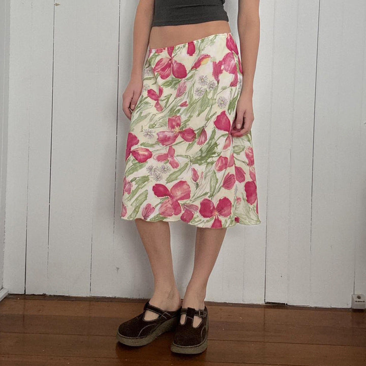 Damen eleganter Midirock mit floralen Motiven und schwingendem Schnitt Drune
