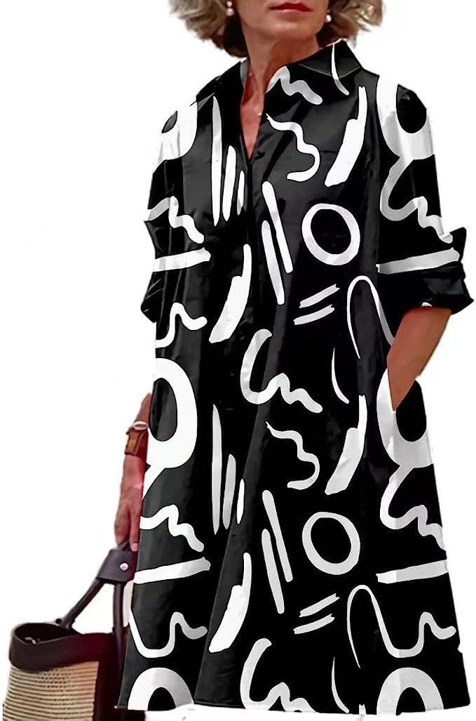 Damen nan A-Linien Hemdblusenkleid mit aufgekrempelten 3/4-Ärmeln und seitlichen Eingrifftaschen Drune