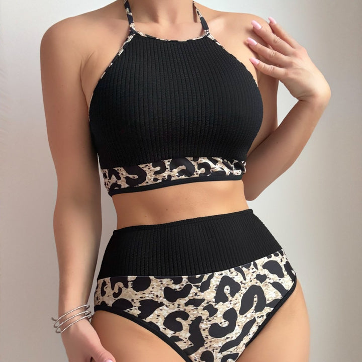 Damen Hochtailliertes Bikini-Set mit sportlichem Oberteil und animalischem Muster Drune