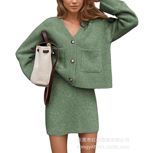 Damen lässiges Strickensemble mit V-Ausschnitt und Knopfdetaillierung Drune
