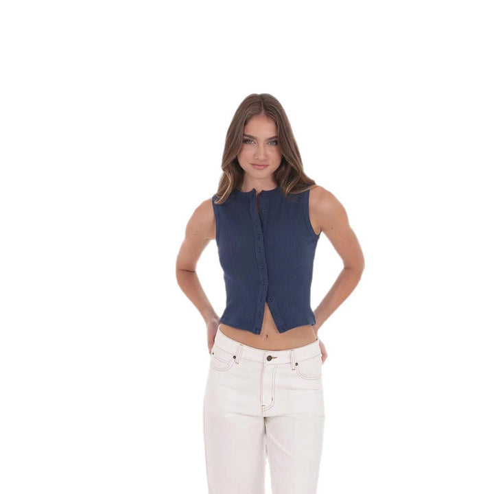 Damen figurbetontes kurzärmliges Stricktop mit Knopfleiste und Rippenmuster Drune