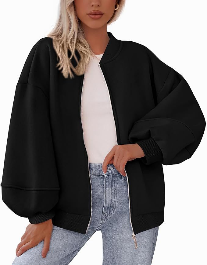 Damen Oversized Bomberjacke mit Reißverschluss und elastischen Bündchen Drune
