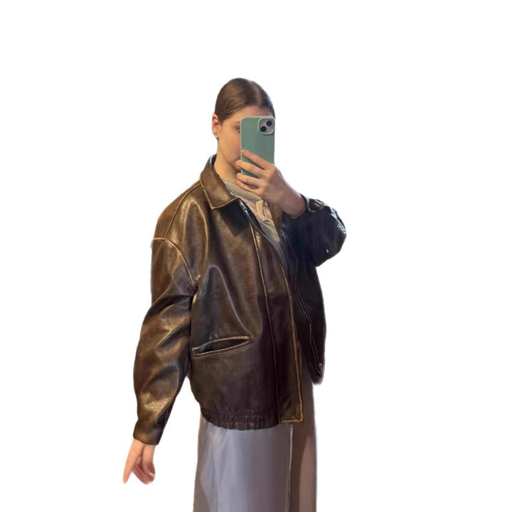 Damen modische oversized Lederjacke mit strukturiertem Design Drune