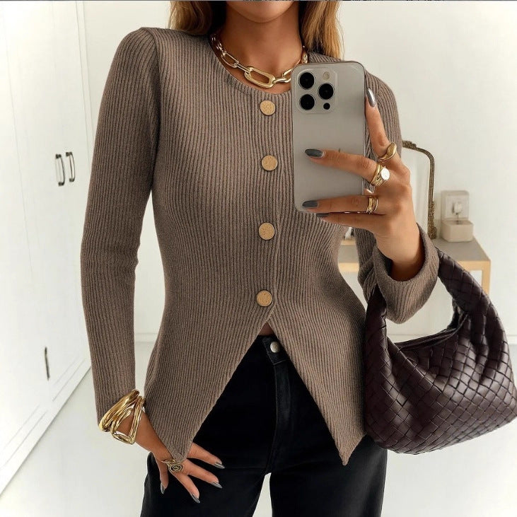 Damen elegantes Strickjacke mit dekorativen Knöpfen Drune