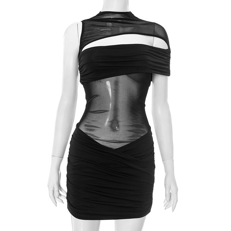 Damen figurbetontes Mesh-Kleid mit asymmetrischem Schnitt und Raffung Drune