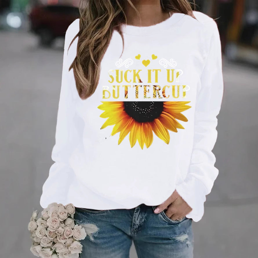 Damen Sweatshirt mit kreativem Sonnenblumenaufdruck und motivierendem Spruch Drune