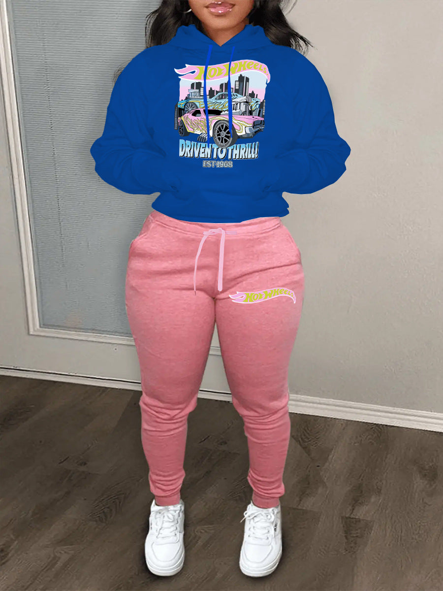 Damen bequemer Kapuzenpullover und Jogginghose Set mit auffälligem Auto-Motiv Drune