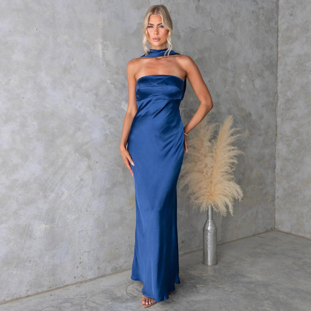Damen Elegantes Abendkleid mit schulterfreiem Design und schimmerndem Satin Drune