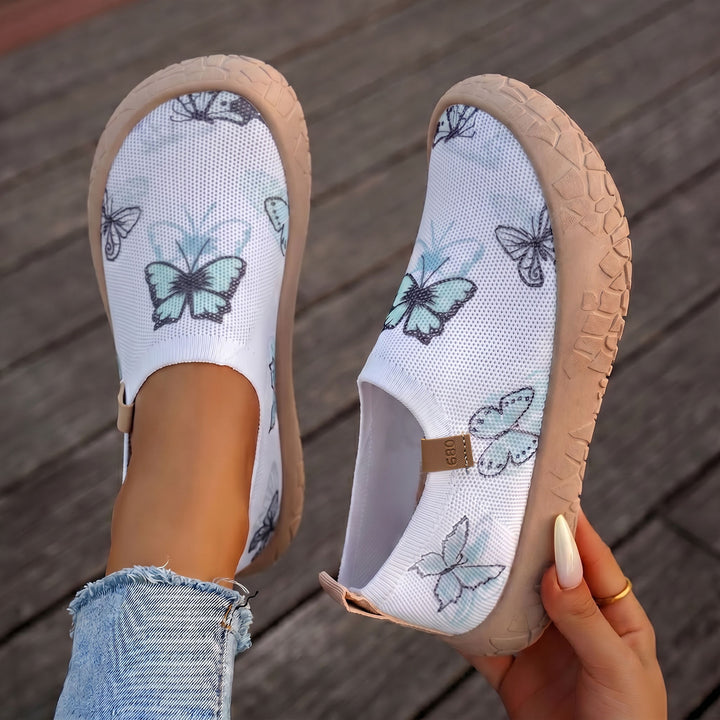 Damen nan atmungsaktiver Strick-Slipper mit Aquarell-Schmetterlingsprint und griffiger Outdoorsohle Drune