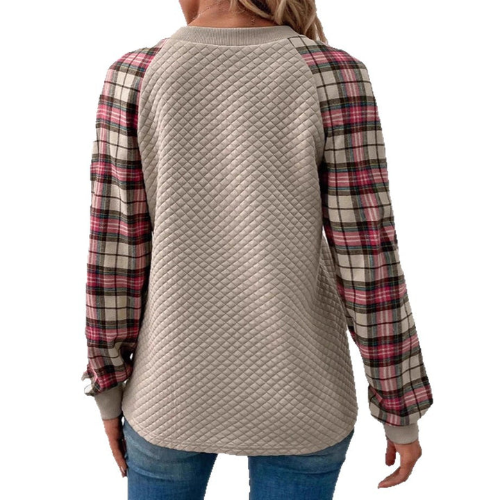 Damen Sweatshirt mit Gitterstruktur und karierten Ärmeln Drune