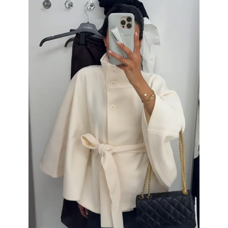 Damen elegante Cape-Jacke mit Knoten-Detail und voluminösen Ärmeln Drune