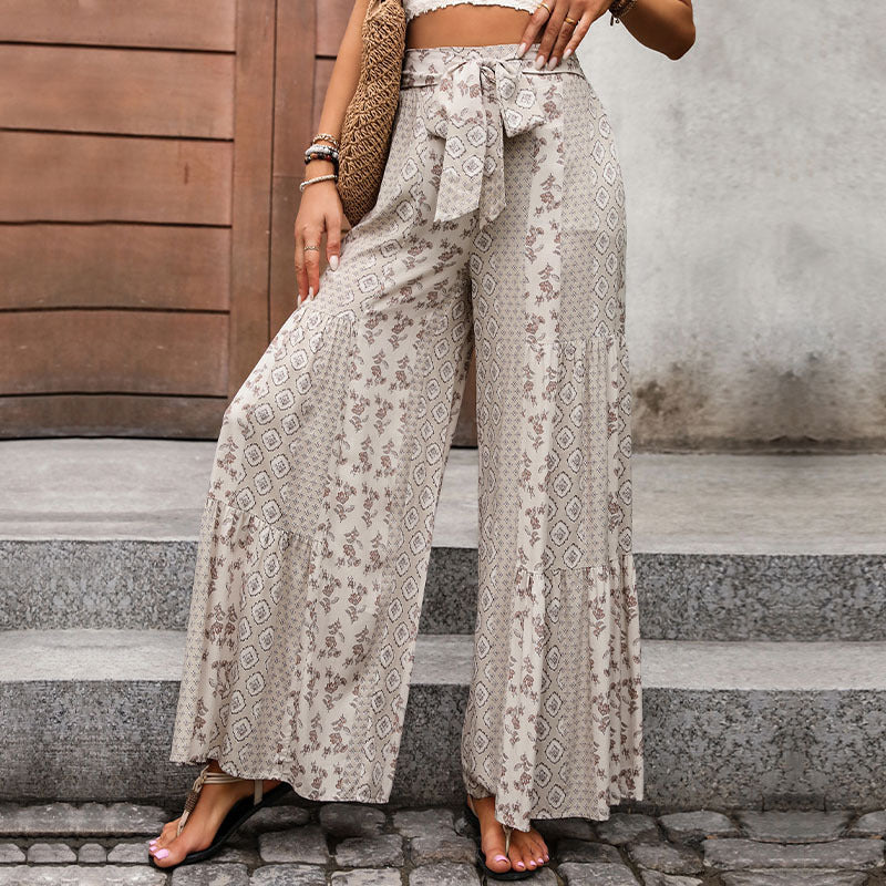 Damen weite Palazzo-Hose mit floralem Muster und elastischem Taillenzug Drune