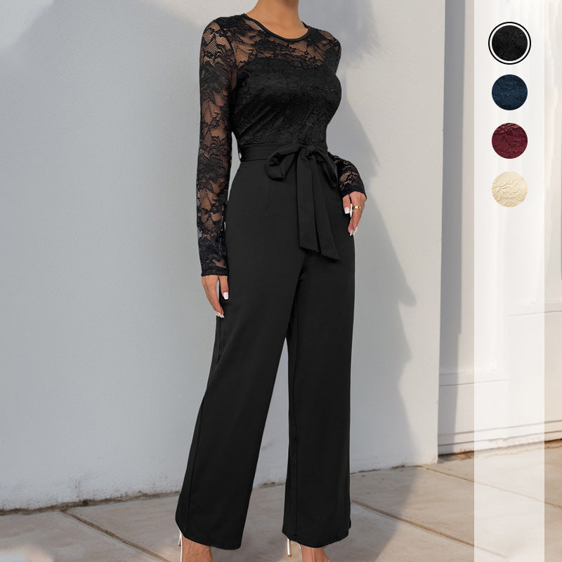 Damen eleganter Jumpsuit mit Spitzenoberteil und taillierbarem Gürtel Drune
