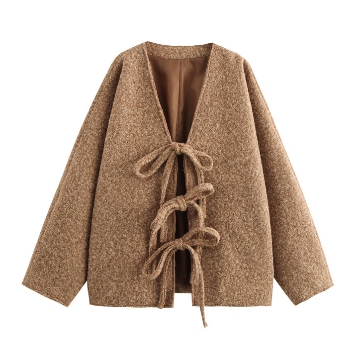 Damen Oversized Wolljacke mit dekorativen Schleifendetails Drune