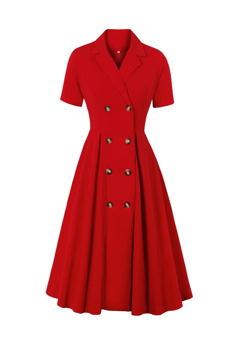Damen elegantes Midikleid mit doppelter Knopfleiste und schwingendem Rock Drune