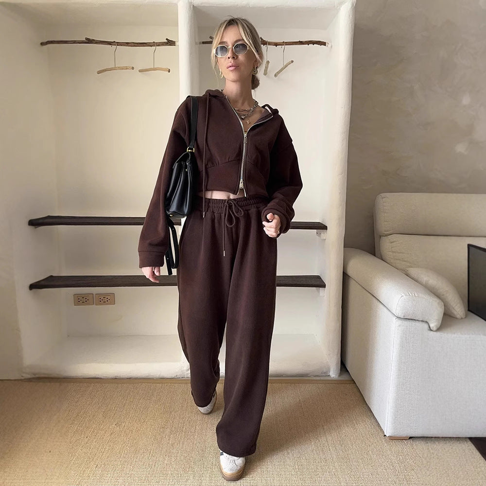 Damen Sportliches Fleece-Loungewear-Set mit Kapuze und verstellbarem Bund Drune