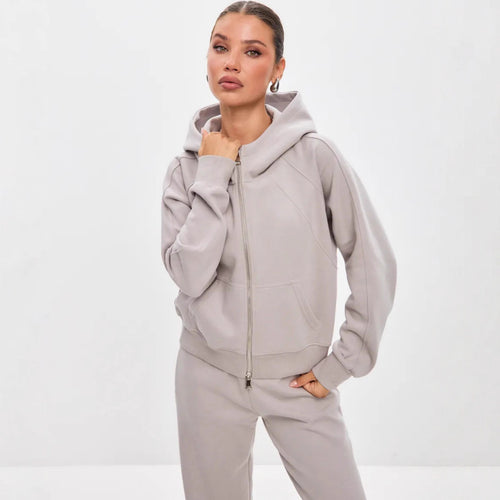 Damen sportliches Fleece-Hoodie-Set mit verschließbarem Reißverschluss Drune
