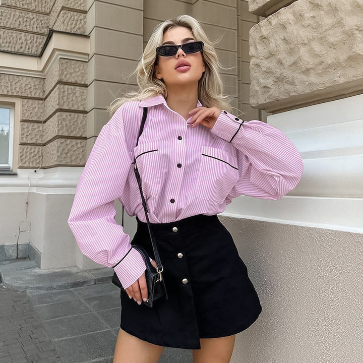 Damen Oversized Hemdjacke mit strukturiertem Design und gestreiften Muster Drune