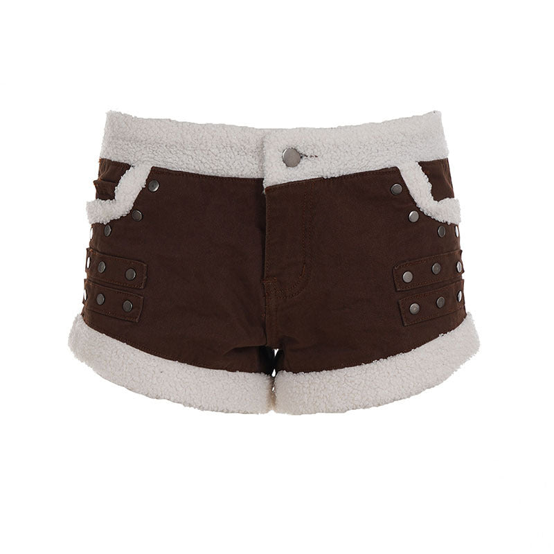 Damen Zarte Biker-Shorts mit Fleece-Besatz und Metallnieten Drune