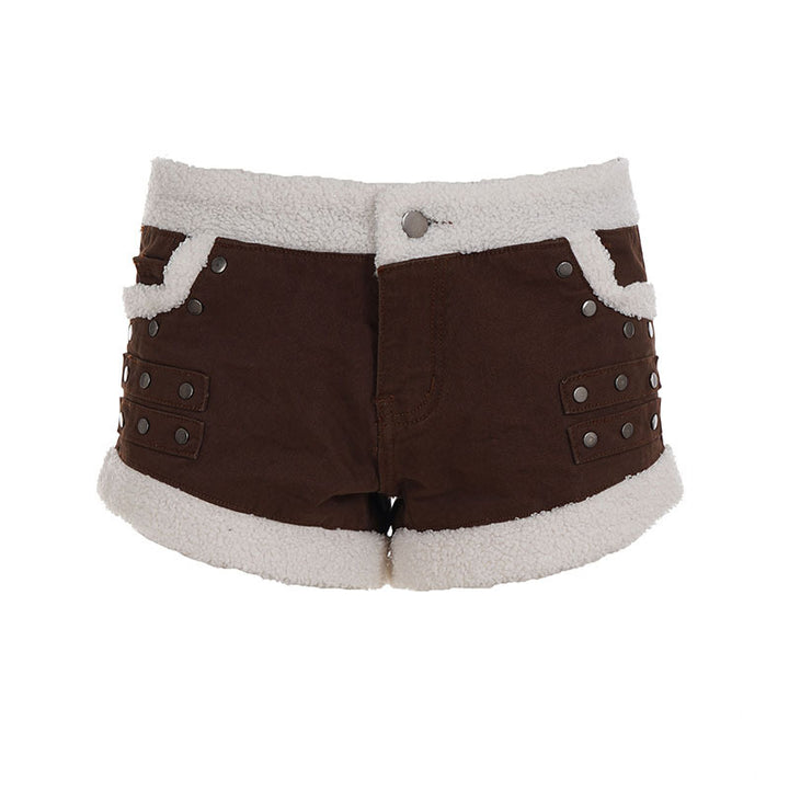 Damen Zarte Biker-Shorts mit Fleece-Besatz und Metallnieten Drune