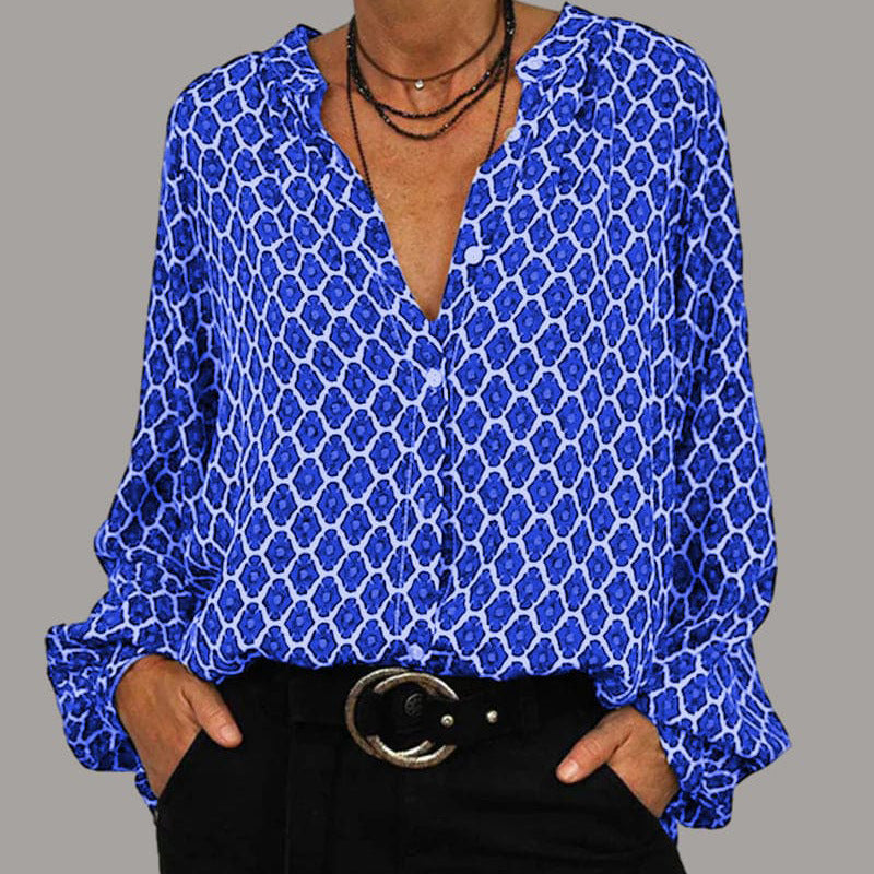 Damen Bluse mit geometrischem Druck und modischem Stehkragen Drune