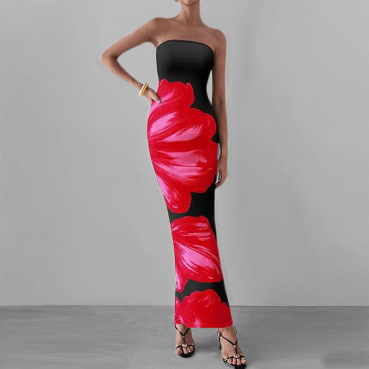 Anmutiges Blumenmuster Schulterfreies Figurbetontes Kleid Drune