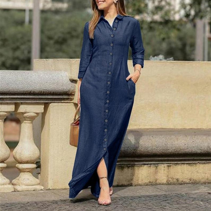 Damen Langarm-Maxikleid mit Knopfleiste und seitlichen Taschen Drune