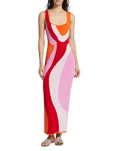 Damen langes figurbetontes Kleid mit quadratischem Ausschnitt und farbenfrohem Muster Drune