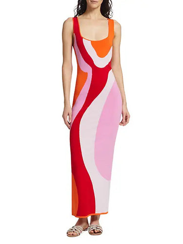 Damen langes figurbetontes Kleid mit quadratischem Ausschnitt und farbenfrohem Muster Drune