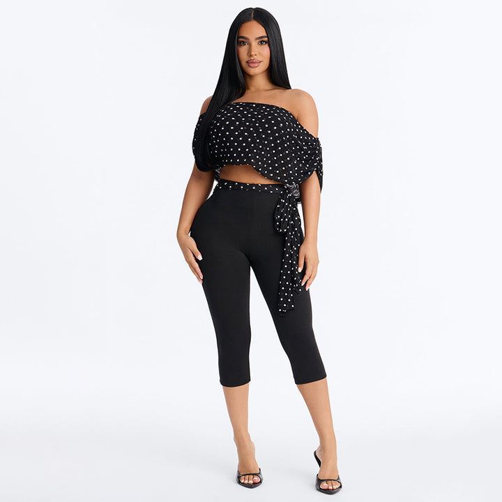Damen Crop-Top und Leggings Set mit Polka-Dots und Raffungen Drune