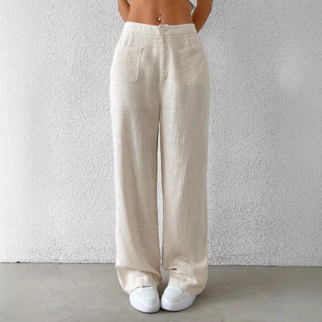 Damen weite Leinenhose mit elastischem Bund und praktischen Taschen Drune