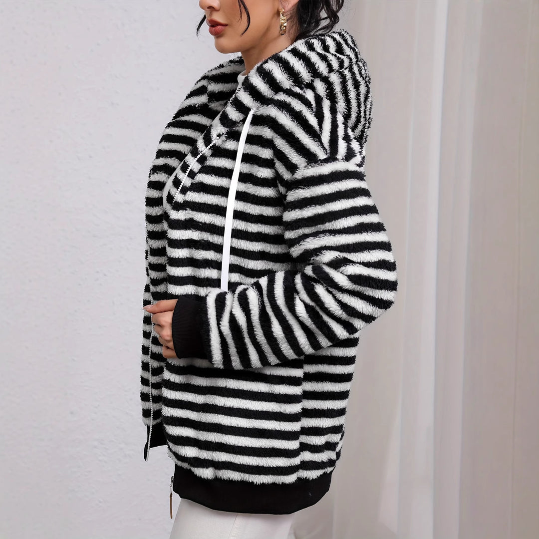 Damen kuschelige Fleecejacke mit gestreiftem Muster und praktischen Taschen Drune