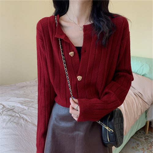 Damen Strickjacke mit dekorativem Knopfdesign und vertikalem Rippmuster Drune