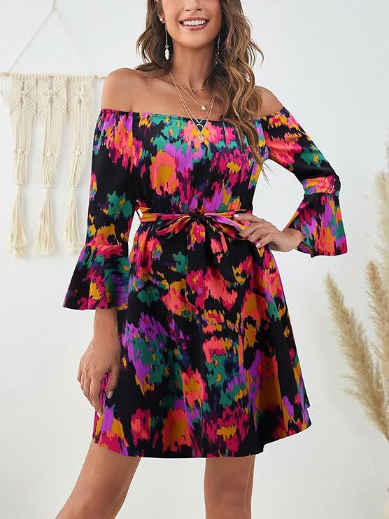 Damen Off-Shoulder Kleid mit buntem Muster Drune