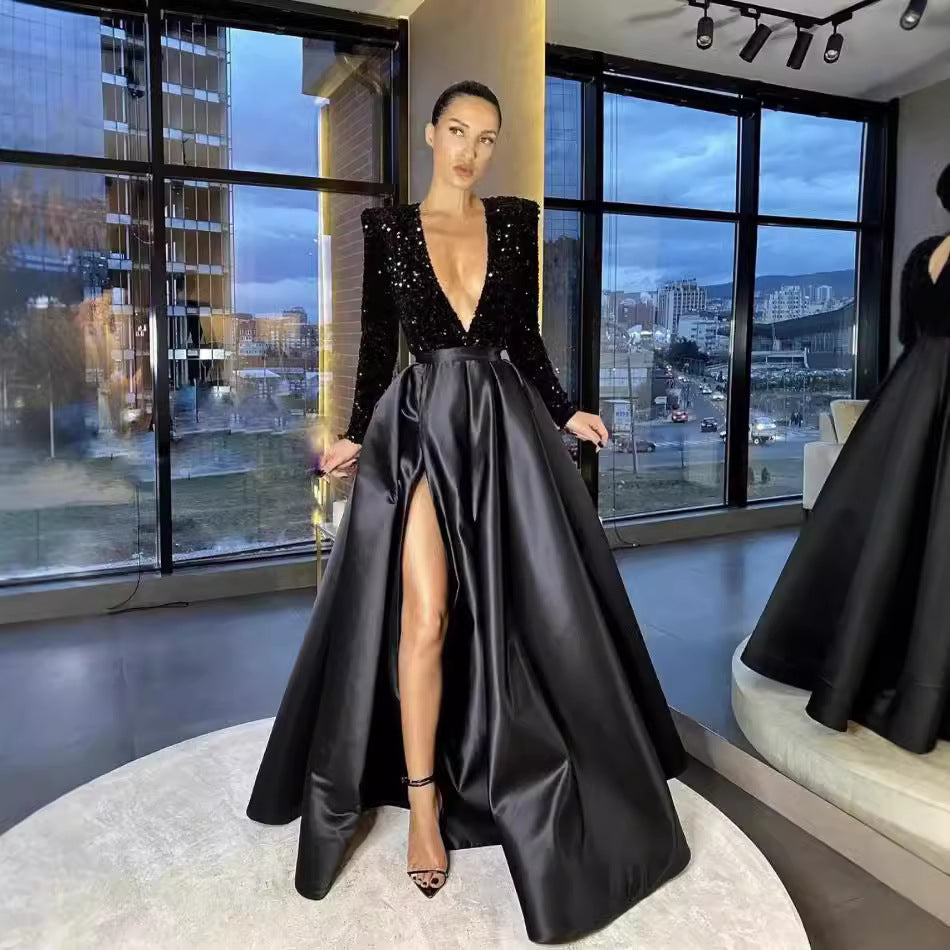 Damen Glamouröser Abendkleid mit tiefem V-Ausschnitt und schimmernden Akzenten Drune