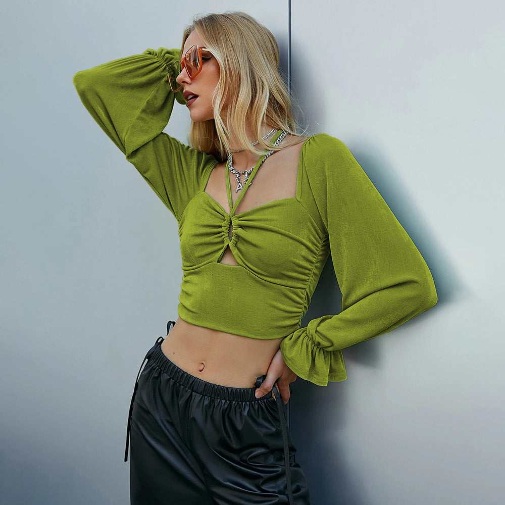 Damen cropped Langarmshirt mit raffinierten Rüschendesigns und knotbarem Detail Drune