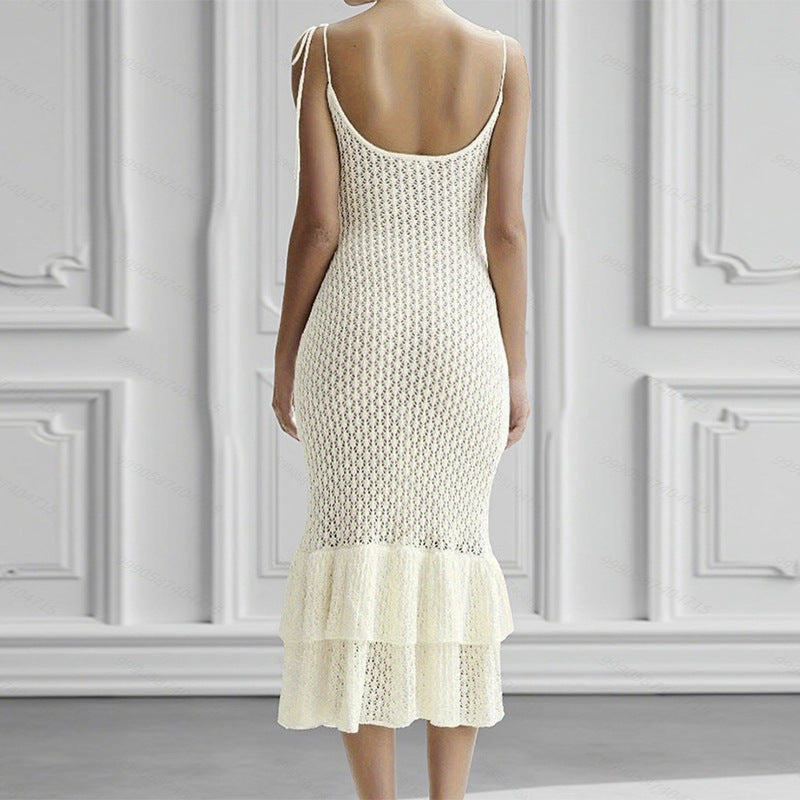 Damen Häkel-Maxikleid mit Volant und verstellbaren Trägern Drune
