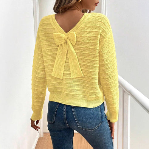 Damen Strickpullover mit verspieltem Schleifendetail im Rücken und modernem V-Ausschnitt Drune