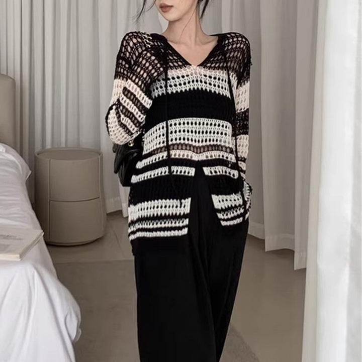 Damen luftiger Strickpullover mit modernem Netzdesign und langen Ärmeln Drune