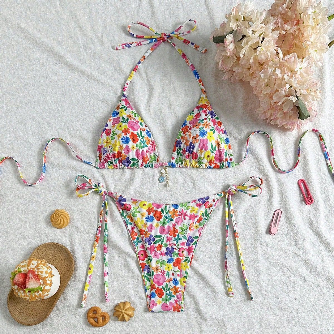 Damen Triangel-Bikini mit buntem Blumendesign Drune