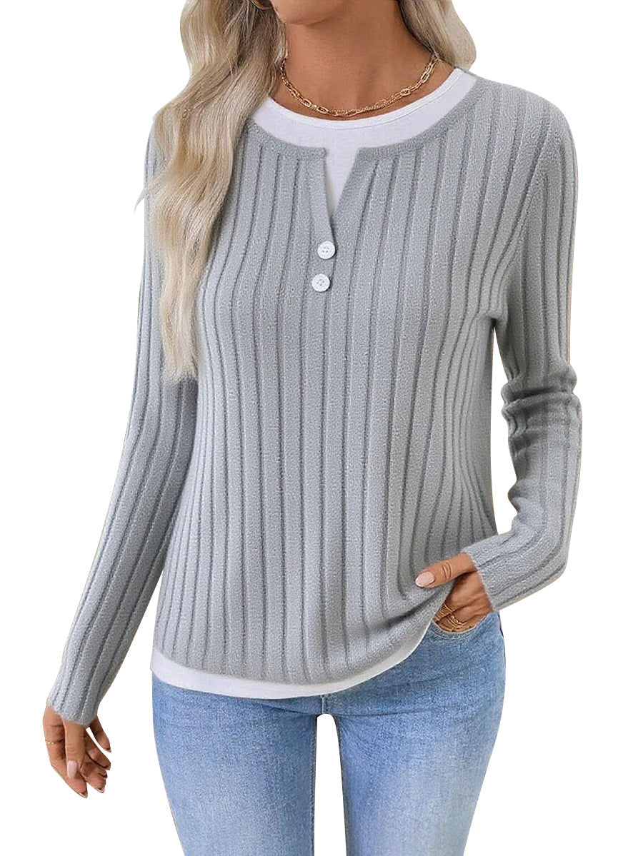 Damen Rippstrick Langarmshirt mit Knopfleiste Drune