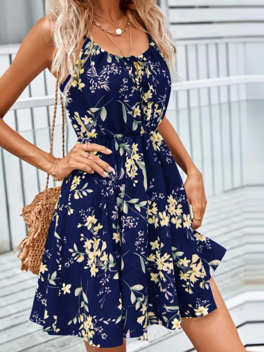 Damen Blumenkleid mit verstellbaren Spaghettiträgern und elastischem Taillenbund Drune
