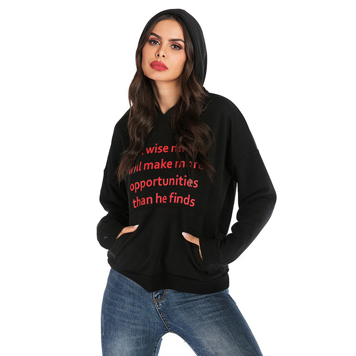 Damen lässiger Kapuzenpullover mit Statement-Print und seitlichen Taschen Drune