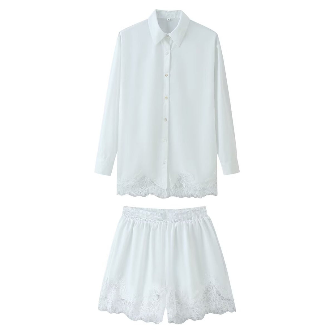 Damen nan zweiteiliges Satin-Pyjama-Set mit Hemdbluse, Gummibund-Shorts und Spitzenbesatz Drune