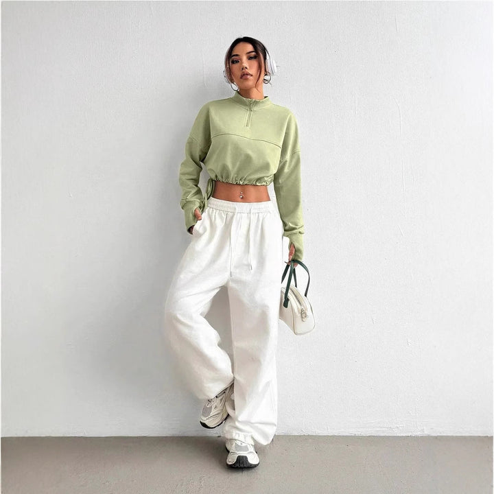 Drune | Crop Pullover Baumwollmischung Bequeme Passform Reißverschlusskragen Ballonärmel