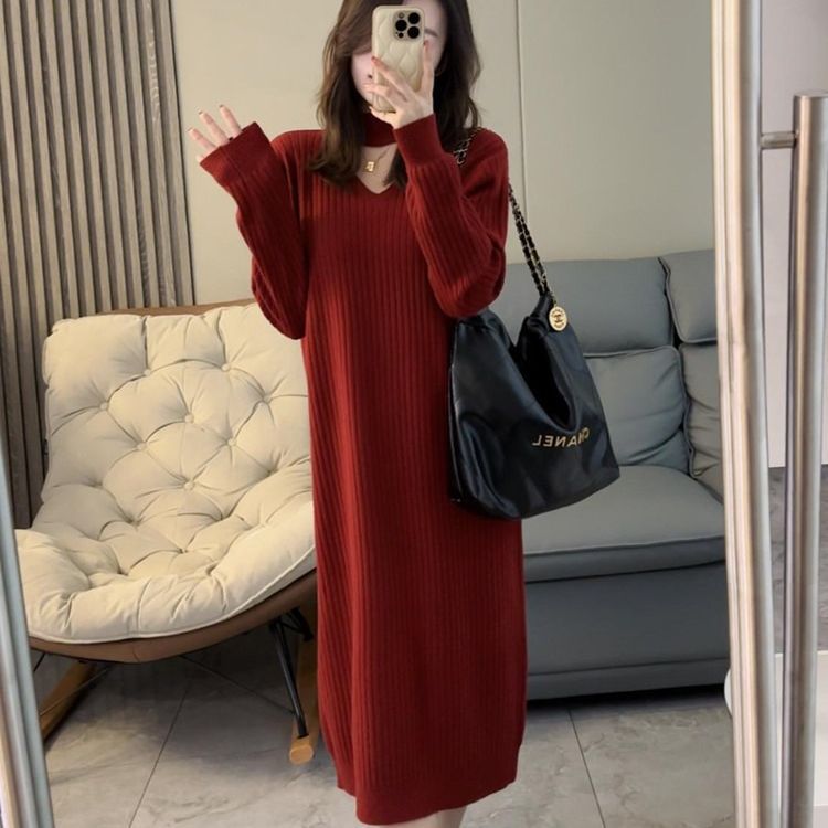 Damen Strickkleid mit tiefem V-Ausschnitt und elegantem Rippdesign Drune