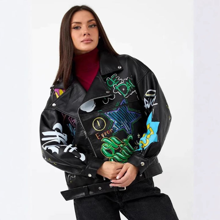 Damen Kunstlederjacke im Graffiti-Stil Drune