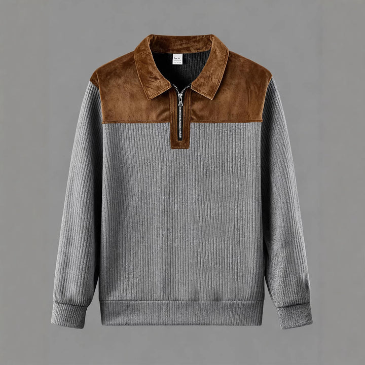 Unisex nan feinstrukturierter Strickpullover mit halbem Reißverschlusskragen und Samtbesatz Drune